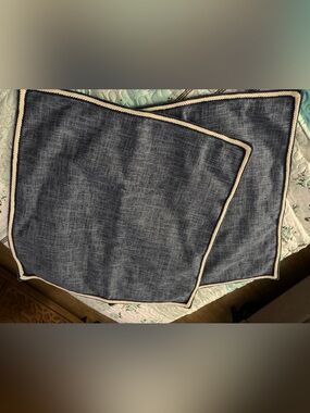 Two Dark Jean Linen-Style Throw Pillow Covers with Cream Trim